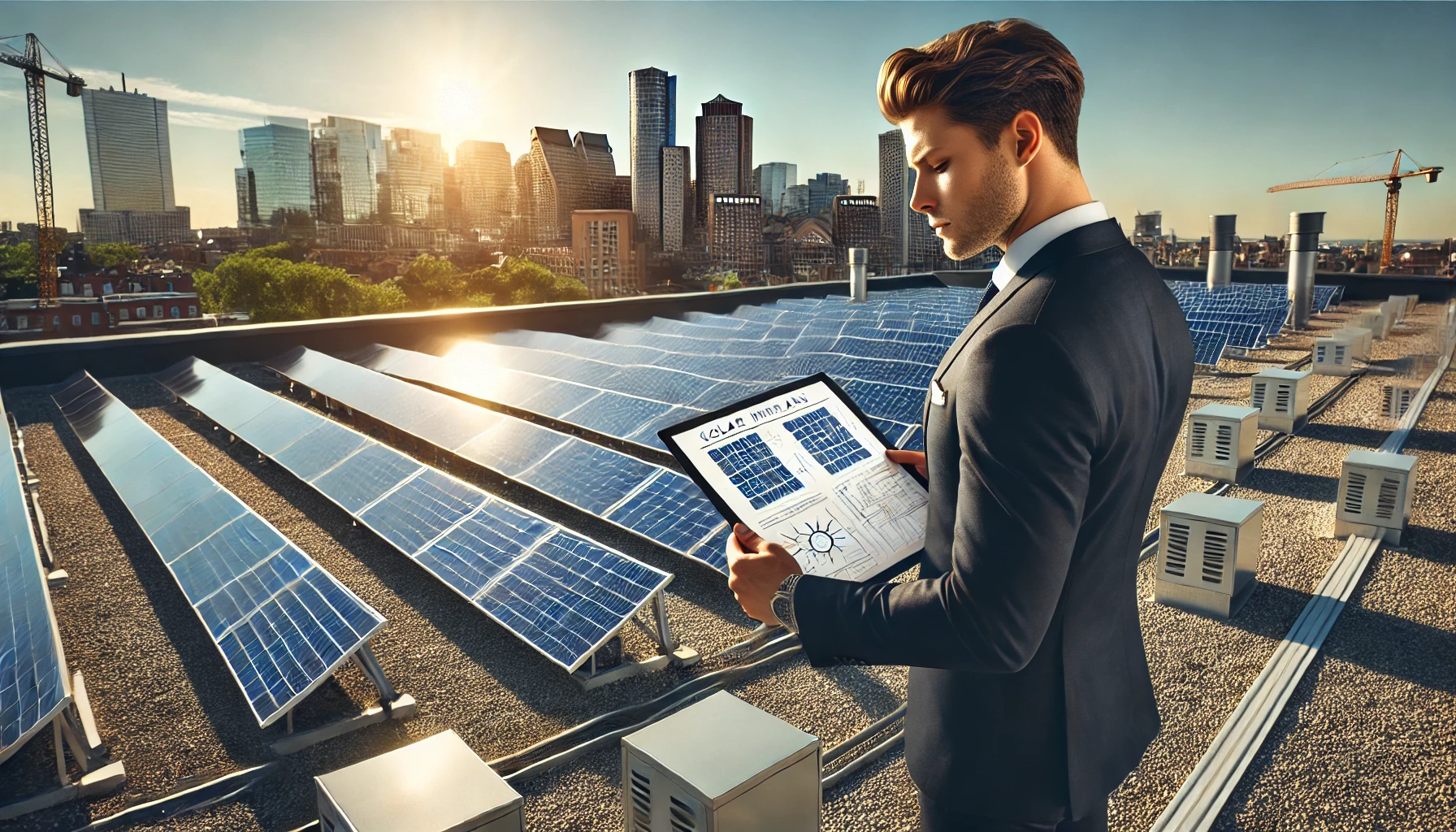 Image depicting a professional commercial property owner reviewing solar installation plans on-site, with solar panels in the background.