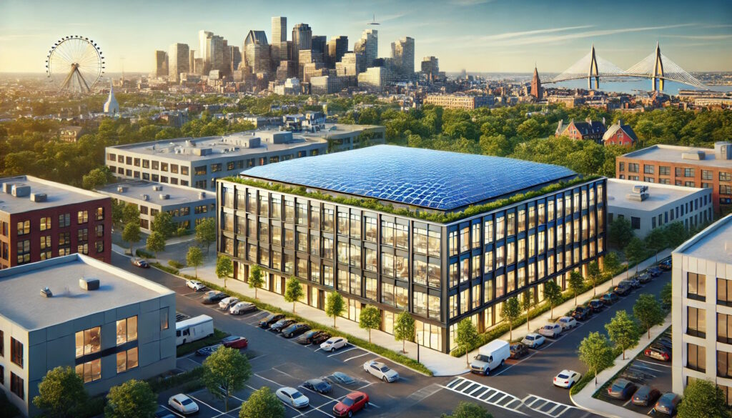 Image featuring the Boston skyline in the background, enhancing the regional relevance of the commercial property with solar panels.