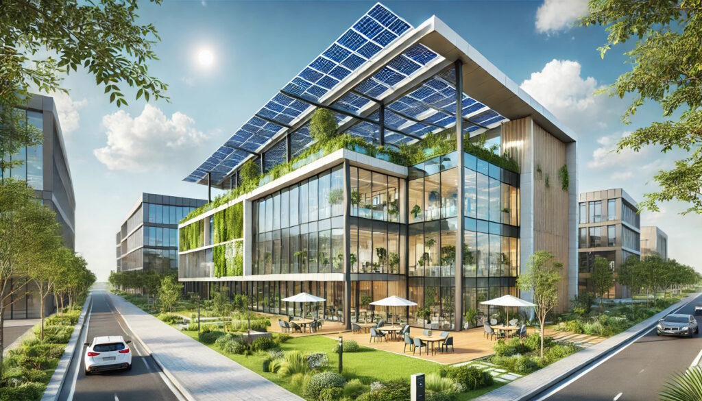 Showcase a sleek, energy-efficient office or retail building with solar panels on the roof under a bright, sunny sky. Highlight the harmony between sustainability and modern architecture.