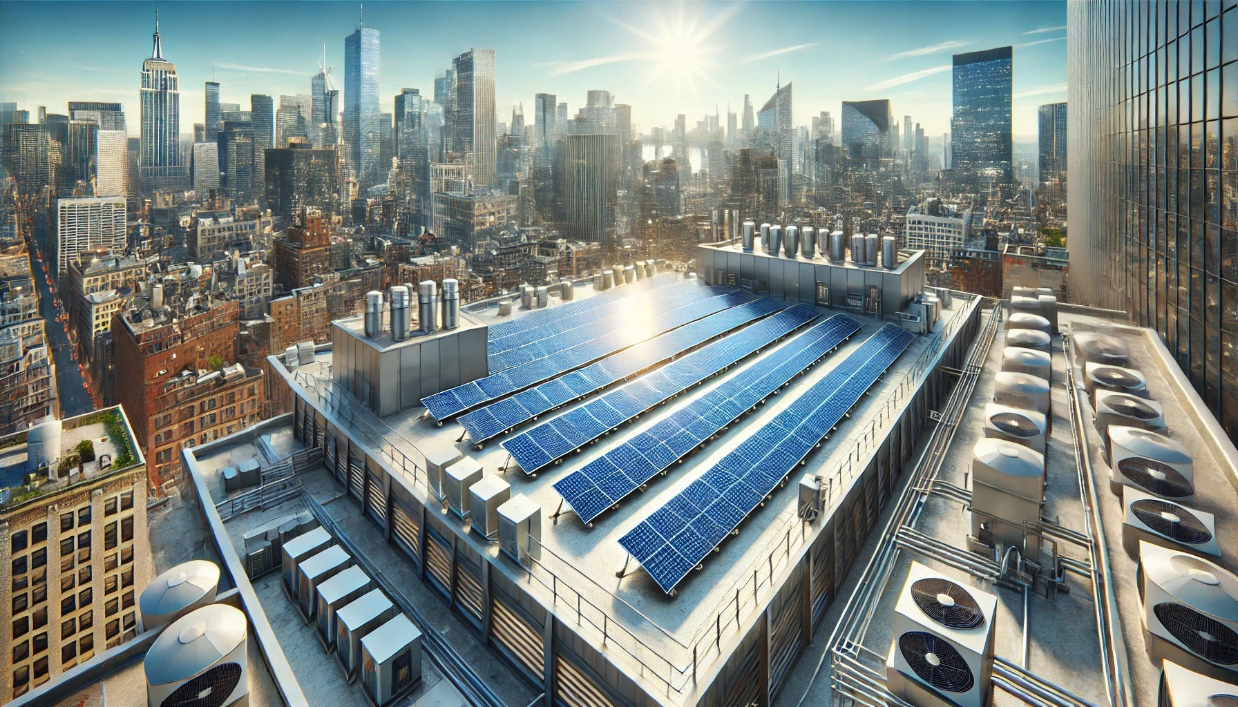 A panoramic view of solar panels glinting under the sun atop a large commercial building, with a city skyline in the background to signify urban impact.