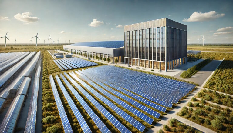 A modern commercial building with solar panels on its rooftop, surrounded by an urban skyline, showcasing the adaptability of solar energy in city spaces.